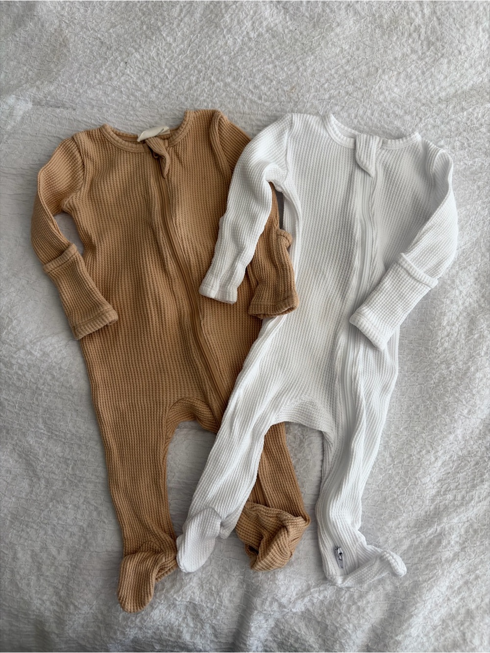 Waffle Zip-Front One-Piece in White and Tan